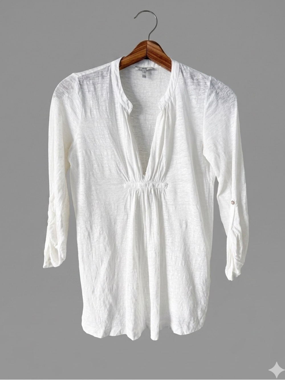 Joie White Linen V-Neck Gathered Waist Long Sleeve Women's Top